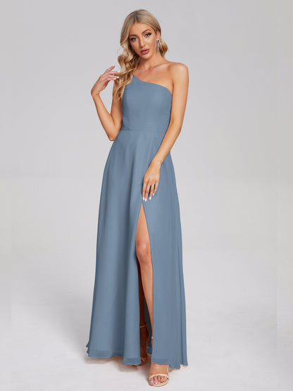 One Shoulder Side Slit Chiffon Bridesmaid Dress