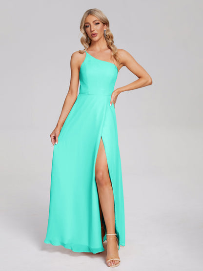 One Shoulder Side Slit Chiffon Bridesmaid Dress