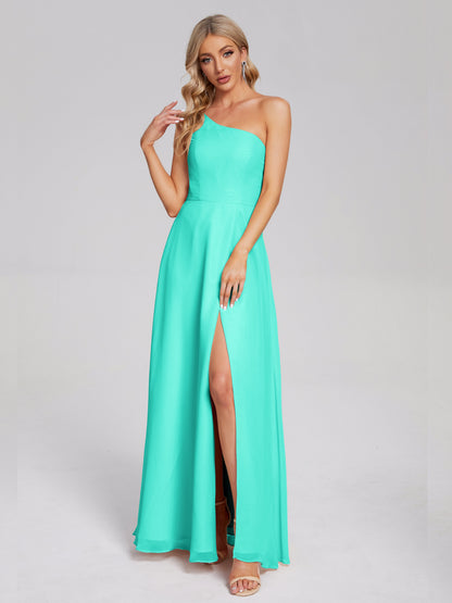 One Shoulder Side Slit Chiffon Bridesmaid Dress