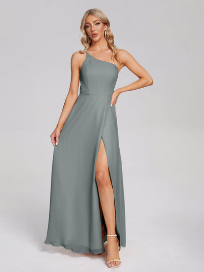 One Shoulder Side Slit Chiffon Bridesmaid Dress