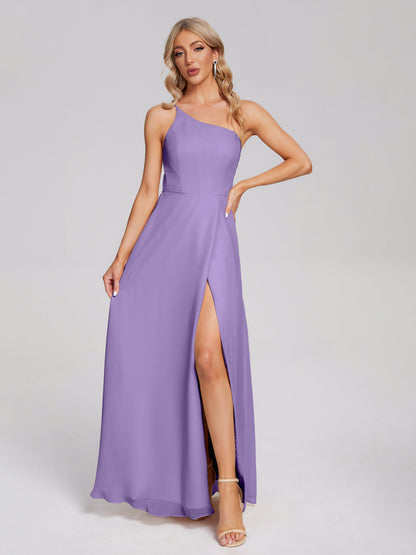 One Shoulder Side Slit Chiffon Bridesmaid Dress