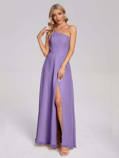 One Shoulder Side Slit Chiffon Bridesmaid Dress
