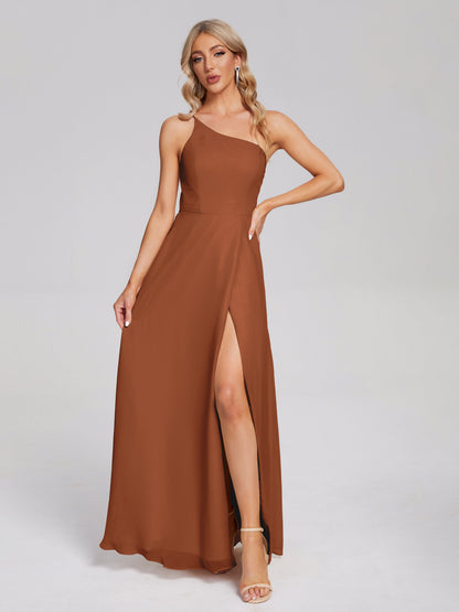 One Shoulder Side Slit Chiffon Bridesmaid Dress