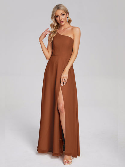 One Shoulder Side Slit Chiffon Bridesmaid Dress