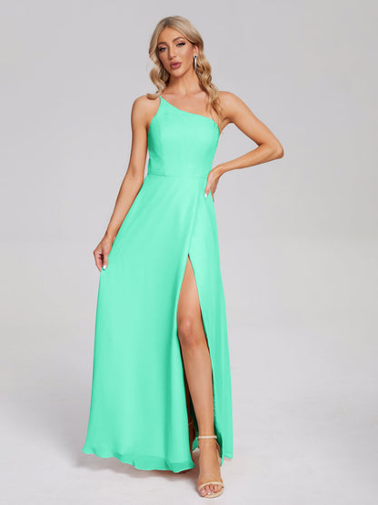 One Shoulder Side Slit Chiffon Bridesmaid Dress