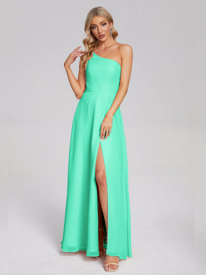 One Shoulder Side Slit Chiffon Bridesmaid Dress