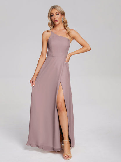 One Shoulder Side Slit Chiffon Bridesmaid Dress