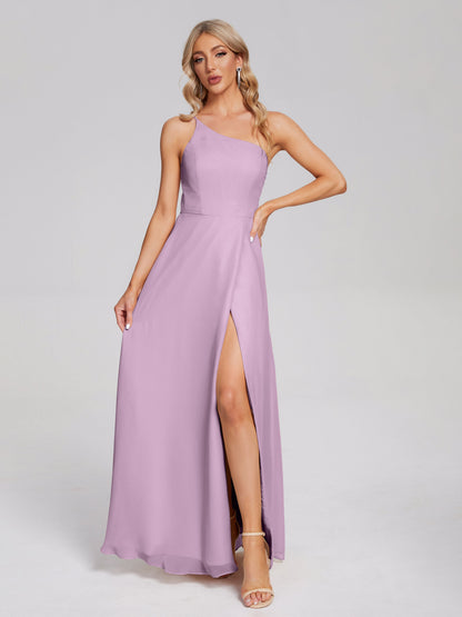 One Shoulder Side Slit Chiffon Bridesmaid Dress