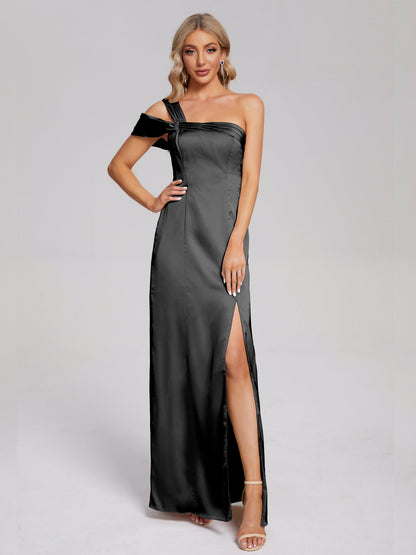 Raelyn One Shoulder Side Slit Soft Satin Bridesmaid Dress