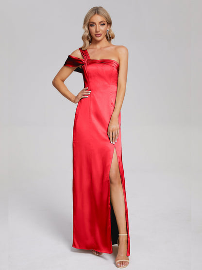 Raelyn One Shoulder Side Slit Soft Satin Bridesmaid Dress
