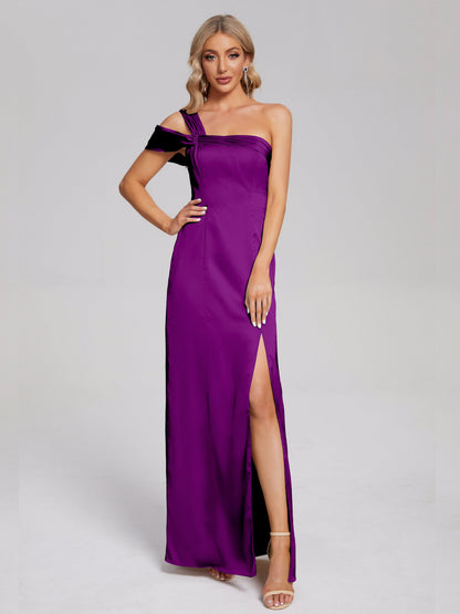 Raelyn One Shoulder Side Slit Soft Satin Bridesmaid Dress