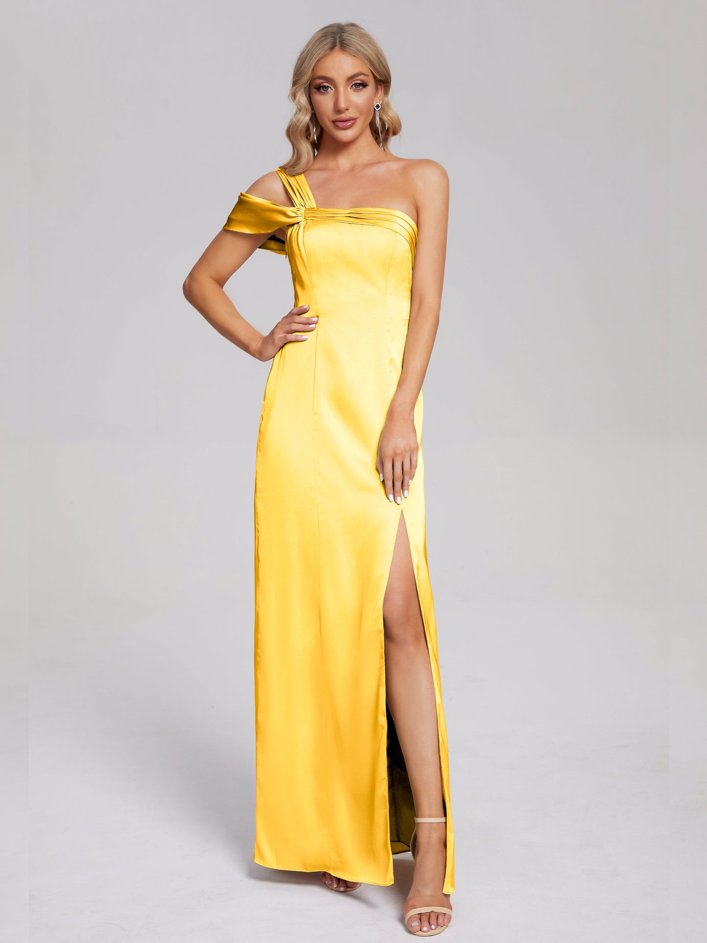 Raelyn One Shoulder Side Slit Soft Satin Bridesmaid Dress