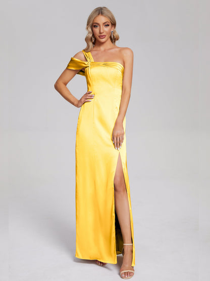 Raelyn One Shoulder Side Slit Soft Satin Bridesmaid Dress