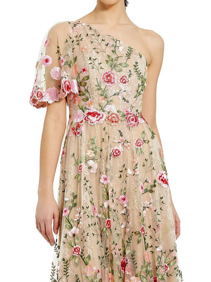 One Shoulder Short Sleeves Printed Floral Bridesmaid Dresses