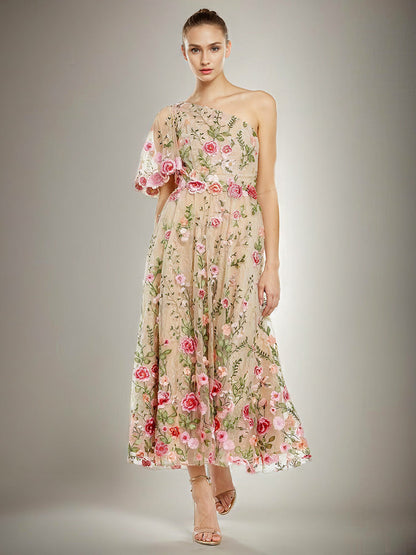 One Shoulder Short Sleeves Printed Floral Bridesmaid Dresses