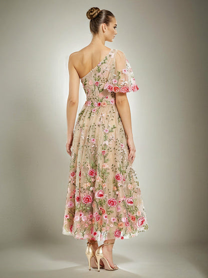 One Shoulder Short Sleeves Printed Floral Bridesmaid Dresses