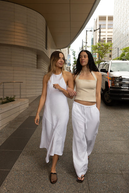 WHITE LINEN BLEND PANT WITH DRAWSTRING WAIST