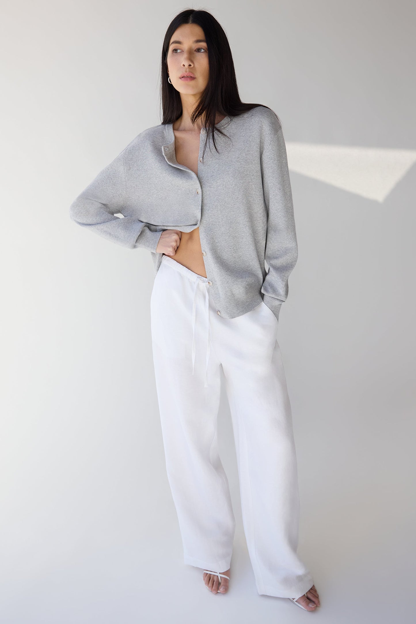 WHITE LINEN BLEND PANT WITH DRAWSTRING WAIST