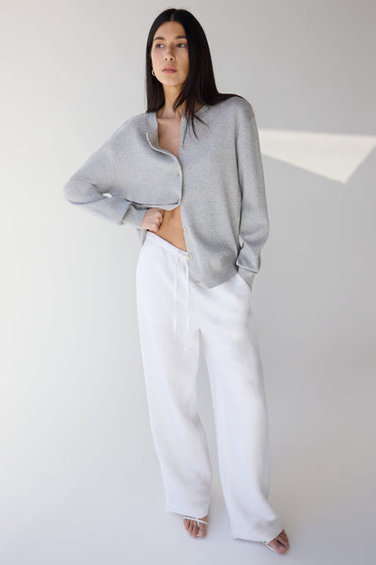 WHITE LINEN BLEND PANT WITH DRAWSTRING WAIST