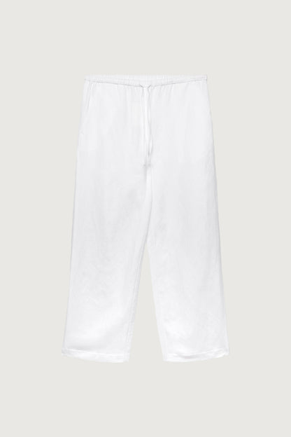 WHITE LINEN BLEND PANT WITH DRAWSTRING WAIST