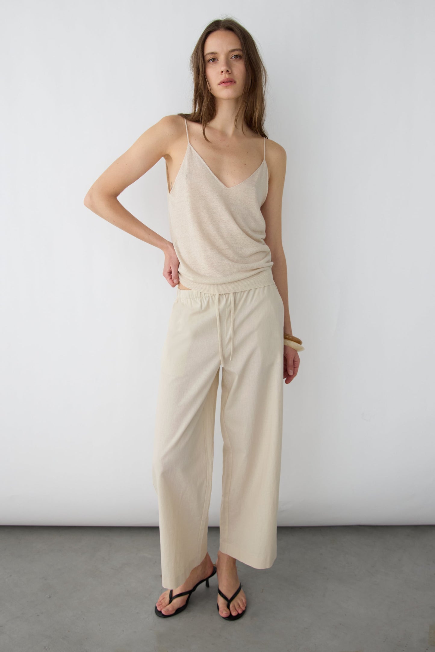 DRAWSTRING WIDE LEG LINEN BLEND PANT