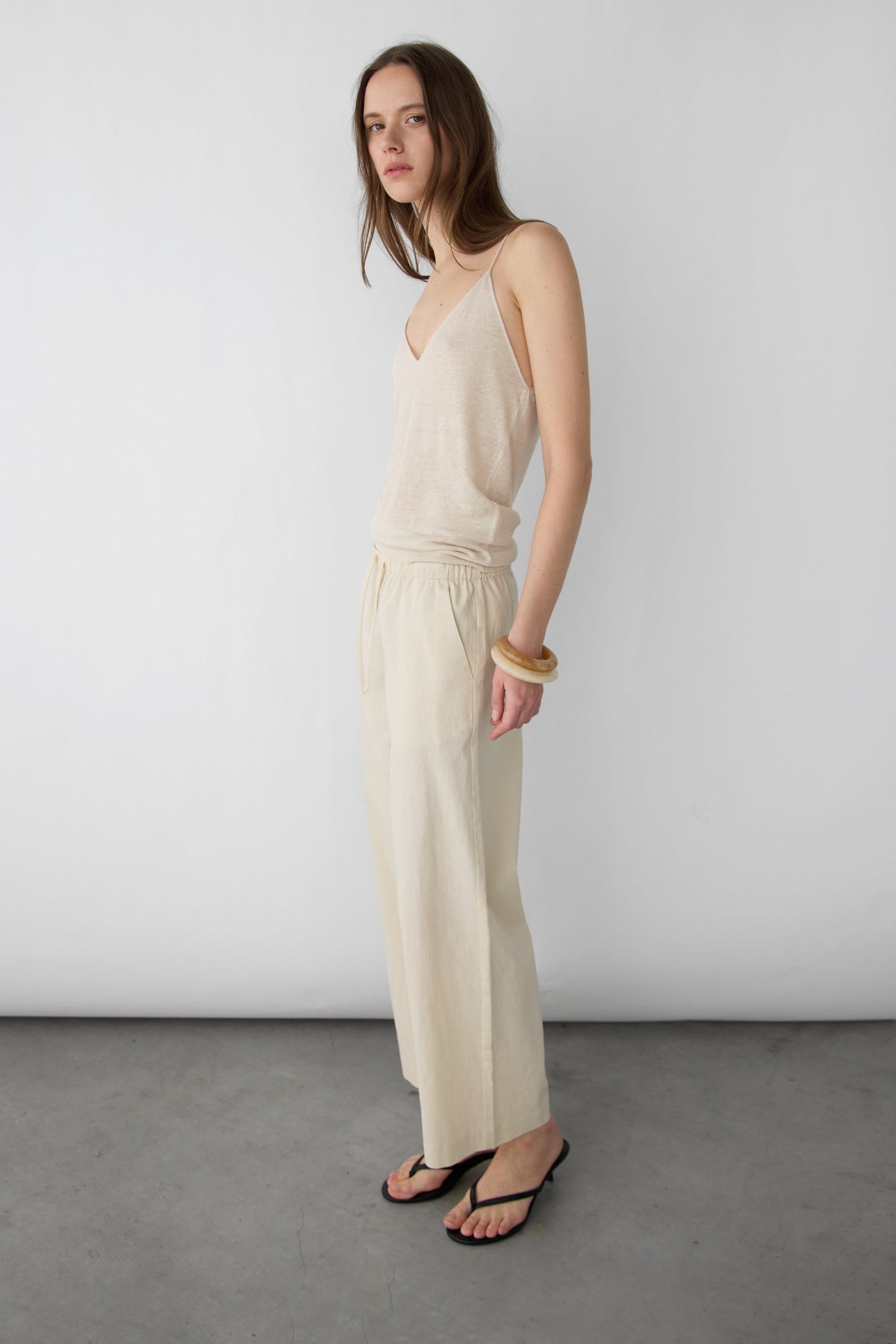 DRAWSTRING WIDE LEG LINEN BLEND PANT