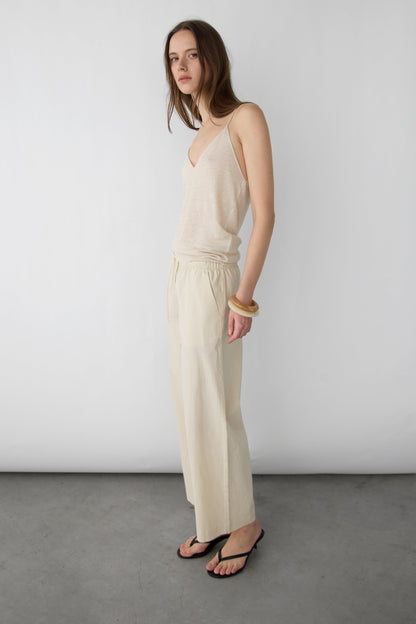 DRAWSTRING WIDE LEG LINEN BLEND PANT