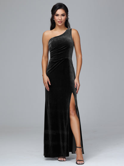 One Shoulder With Slit Velvet Bridesmaid Dress