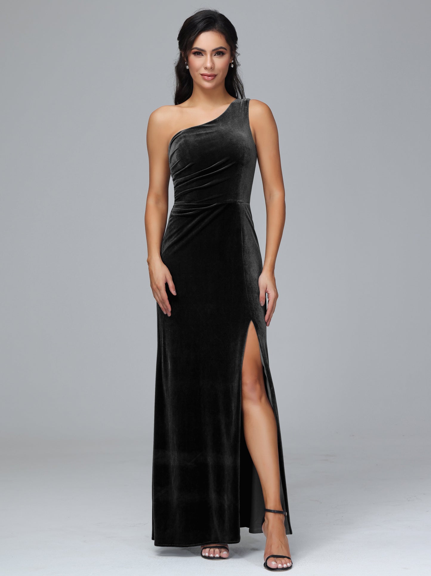 One Shoulder With Slit Plus Size Velvet Bridesmaid Dress