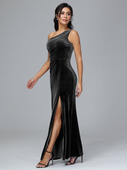 One Shoulder With Slit Velvet Bridesmaid Dress