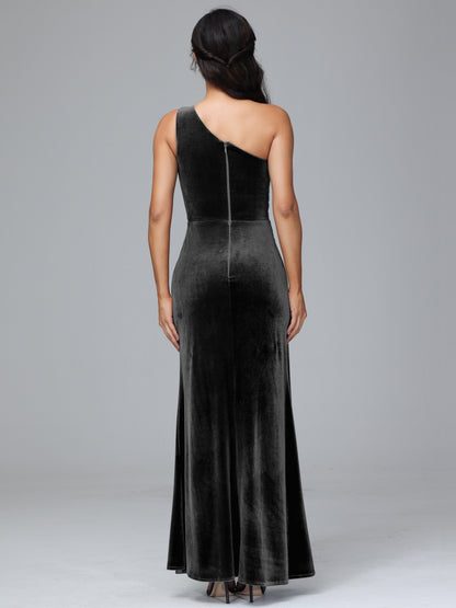 One Shoulder With Slit Plus Size Velvet Bridesmaid Dress