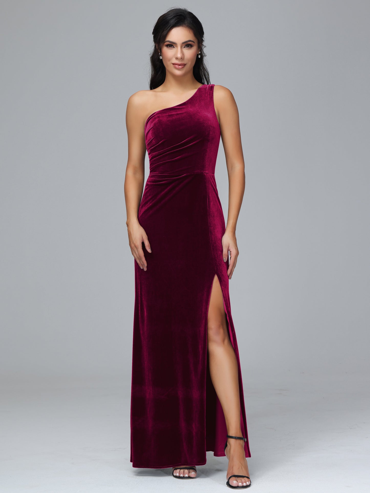 One Shoulder With Slit Velvet Bridesmaid Dress