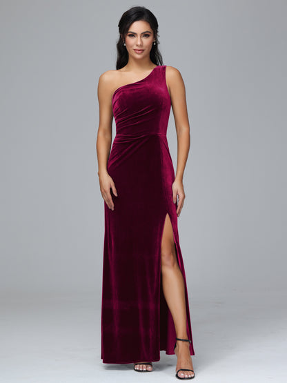 One Shoulder With Slit Plus Size Velvet Bridesmaid Dress