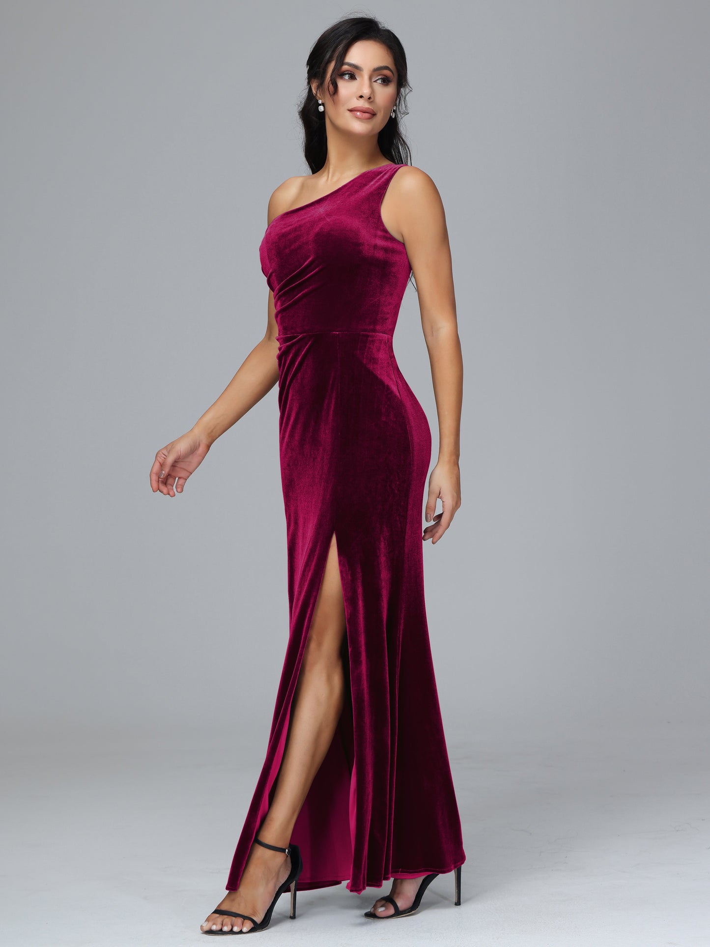 One Shoulder With Slit Velvet Bridesmaid Dress