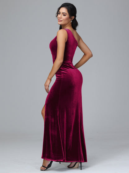 One Shoulder With Slit Velvet Bridesmaid Dress