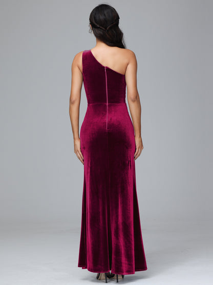 One Shoulder With Slit Velvet Bridesmaid Dress