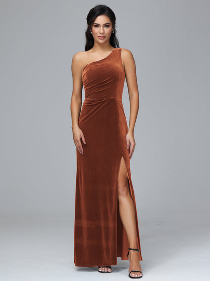 One Shoulder With Slit Velvet Bridesmaid Dress