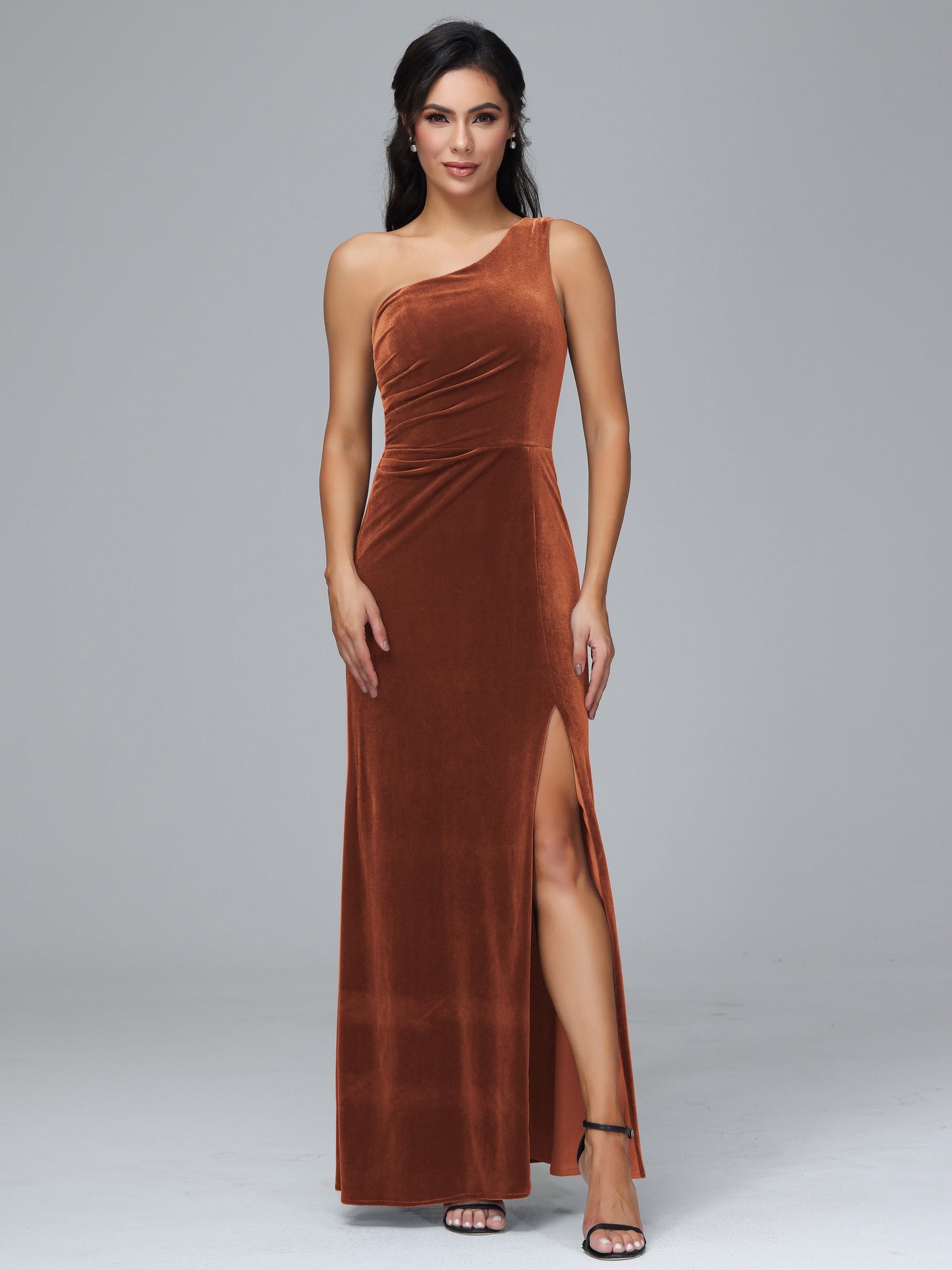 One Shoulder With Slit Plus Size Velvet Bridesmaid Dress