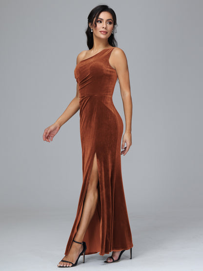 One Shoulder With Slit Velvet Bridesmaid Dress