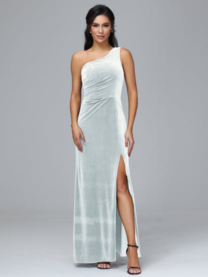 One Shoulder With Slit Velvet Bridesmaid Dress