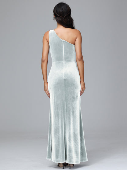 One Shoulder With Slit Plus Size Velvet Bridesmaid Dress