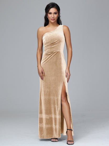 One Shoulder With Slit Velvet Bridesmaid Dress