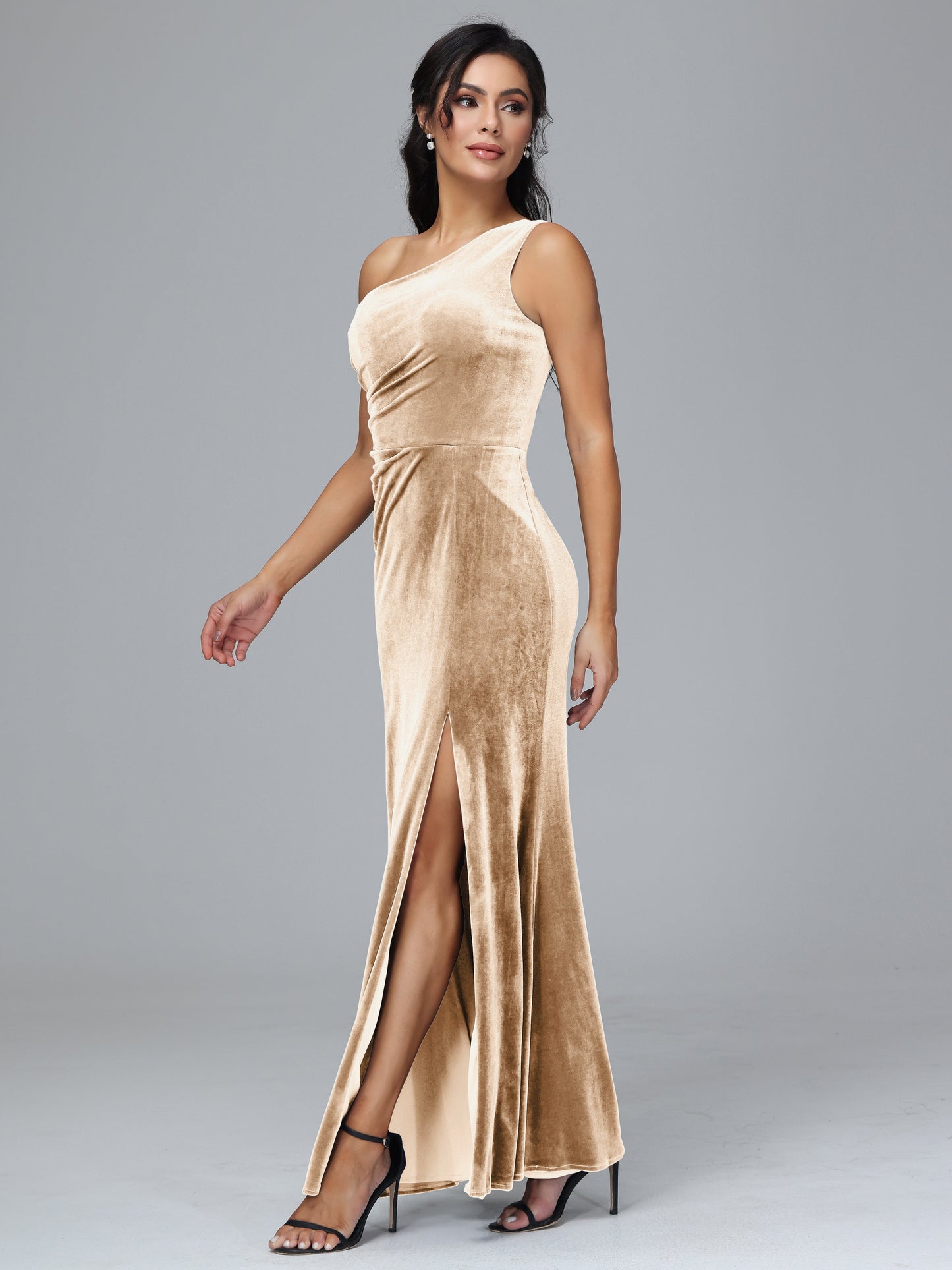 One Shoulder With Slit Velvet Bridesmaid Dress