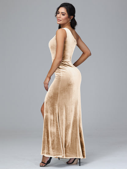 One Shoulder With Slit Plus Size Velvet Bridesmaid Dress