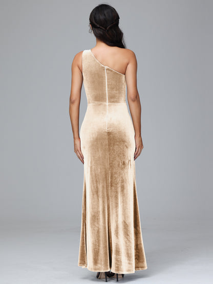 One Shoulder With Slit Velvet Bridesmaid Dress