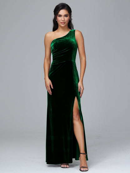 One Shoulder With Slit Velvet Bridesmaid Dress