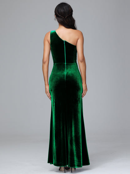 One Shoulder With Slit Velvet Bridesmaid Dress