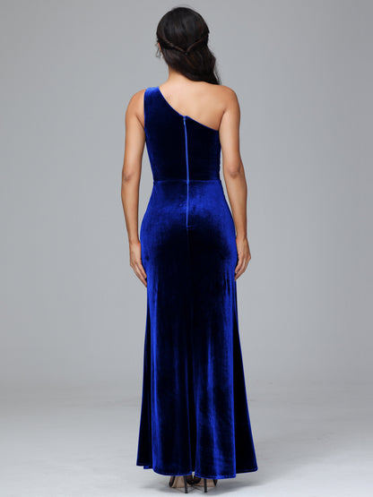 One Shoulder With Slit Velvet Bridesmaid Dress