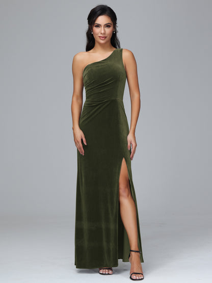 One Shoulder With Slit Velvet Bridesmaid Dress