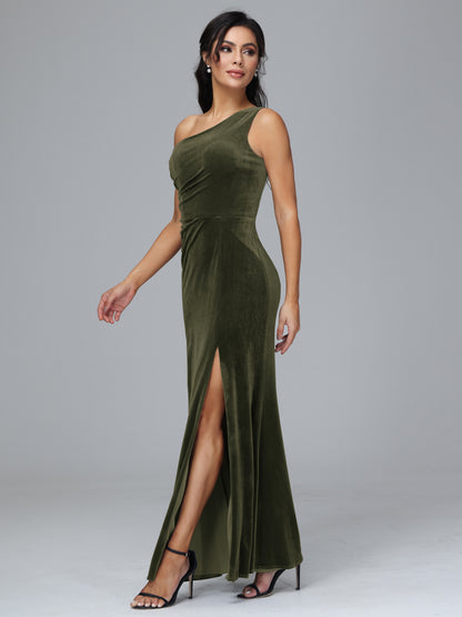 One Shoulder With Slit Velvet Bridesmaid Dress